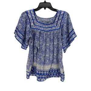 Mitra Boho Cotton Top Blue White Batik Ribbon Trim Square Neck Size S Flowy